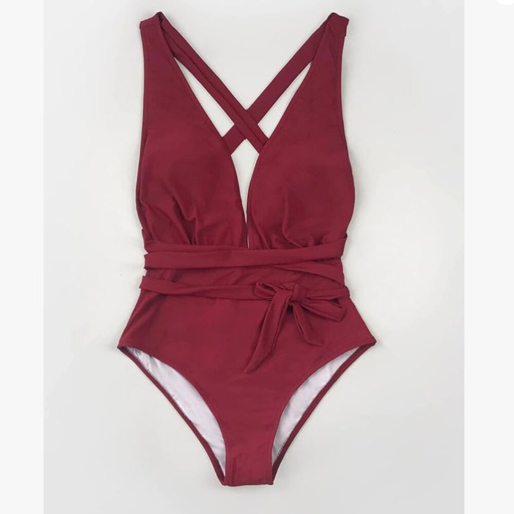CUPSHE  | Women's One Piece Swimsuit Deep V Neck Crisscross Back| Red | Size: M
